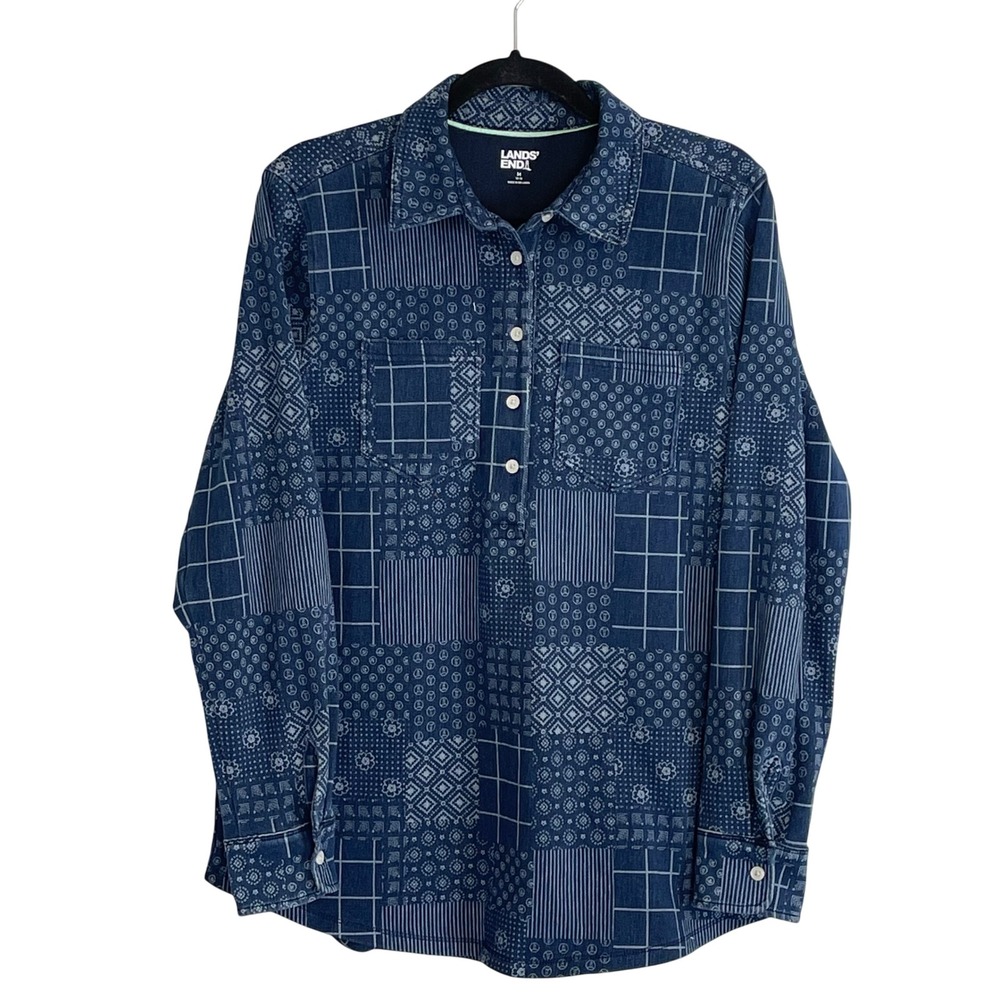 Lands End Womens Blue Patchwork Tunic Shirt Long Sleeve Cotton Blend M 10-12